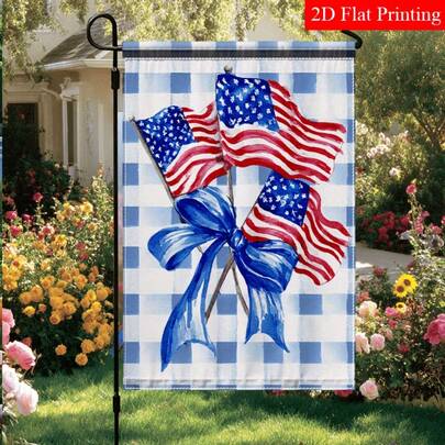 Single Piece, 2D Flat Flag - Independence Day Garden Flag Featuring Crossed American Flags, Adorned With A Blue Bow And A Vintage Checkered Pattern, Offering A Unique Blend Of Patriotism And Charm