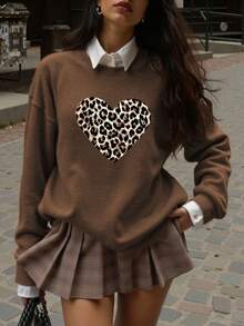 Leopard Print Heart Pattern Women's Casual Elegant Faux Knit Sweater Top, Suitable For Everyday Wear In Autumn/Winter - Brown - View 5
