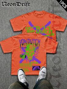 SummerNeonDrift Street Double-Sided Printing Cotton T-Shirt 100% Cotton Fabric Unisex Style-Men T Shirt Skull Graphic Print Neon Yellow Orange Cross Design Streetwear Fashion Casual Wear For Urban Style Fans Hip Hop Look Breathable 100 Cotton Comfortable FitLoose And Comfortablesummer Clothes - 橘色 2 - 查看 11
