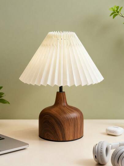 1pc LED Wooden Grain Metal Desk Lamp, Retro Fabric Pleated Lampshade Soft Light, Nordic, Italian Style, Rustic Living Room Bedroom Modern Minimalist Reading Study Desk Personalized Creative Minimalist, Warm Light Decor Multi-Purpose Warm Light Camping Romantic Elegant Atmosphere Bedside Nightlight