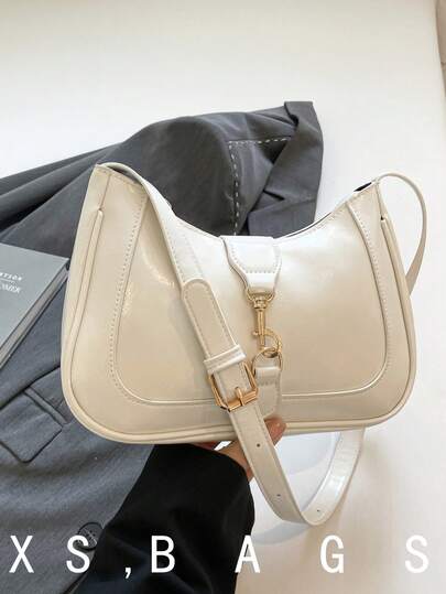 1pc Vintage Minimalist Crescent Moon Shaped Adjustable Shoulder Bag, Suitable For Dates, Outings, Parties