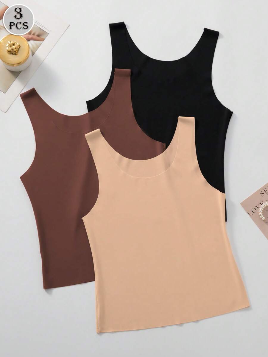 3pcs Seamless Camisole - Soft Crew Neck Seamless Basic Styles In Transparent/Semi-Transparent Colors - Multicolor - View 1