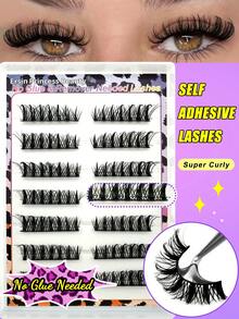 7对自粘式D型卷翘俄式假睫毛，无需胶水可重复使用，8-15毫米粗猫眼睫毛 - 黑色 - 查看 3