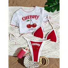 3pcs Women Summer Beachwear Set: Cherry & Letter Graphic Spaghetti Strap Bikini Set With Sheer Mesh Chiffon Loose Cover Up T-Shirt Top - 紅白色 - 查看 5