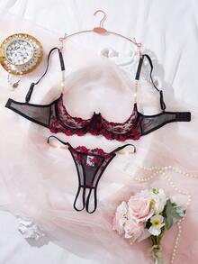 1 Set de Lencería Sexy para Mujer, Malla Transparente con Bordado Floral y Ribete de Encaje con Cadena Dorada, Diseño Abierto de 1/4 de Copa con Abertura y Ajustable, Conjunto de 2 Piezas de Sostén y Pantie - Negro - Ver 9