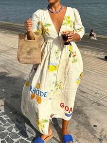 Spring & Summer Plus Size Casual Dress, New Fashion French Style V-Neck Relaxed Dress, Printed With Letters, Cartoons, Animals, Suitable For Back To School, Office Wear, Vintage, Minimalist, Plus Size - Yellow - View 2