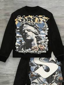 (250g  Men's Round Neck Sweatshirt)The Future Of The Saints Belongs To You, Blindfolded Portrait Printing Casual Pullover With Street Style, Suitable For Outdoor Wear In Autumn And Winter - 黑色 - 查看 2
