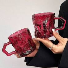 2pcs Ins Style Rose Pink Handle Glacier Glass Cup, High-Quality Household Beverage, Water, Coffee, Cold Drink, Milk Cup - Hot Pink - View 3