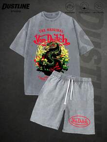 Grey Mens Creative T Shirt And Shorts Set American Vintage Full Print Street Wear Essential Graphic T Shirt And Shorts Set With Dragon And Floral Design And Van Dutcha Logo For Casual Outfits Print Washed T Shirt Set - 灰色 - 查看 1