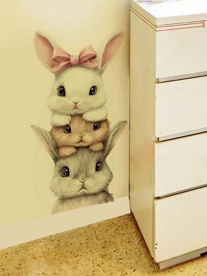 1 pieza, Multicolor, Pegatina decorativa de pared para Pascua, Huevos de colores en una cesta, Conejito feliz, Setas y hierba, Familia de conejos atrapando una mariposa, Elementos decorativos festivos, Adhesivo de PVC extraíble, Adecuado para dormitorio, sala de estar, estudio, comedor, baño, decoración de pared del hogar