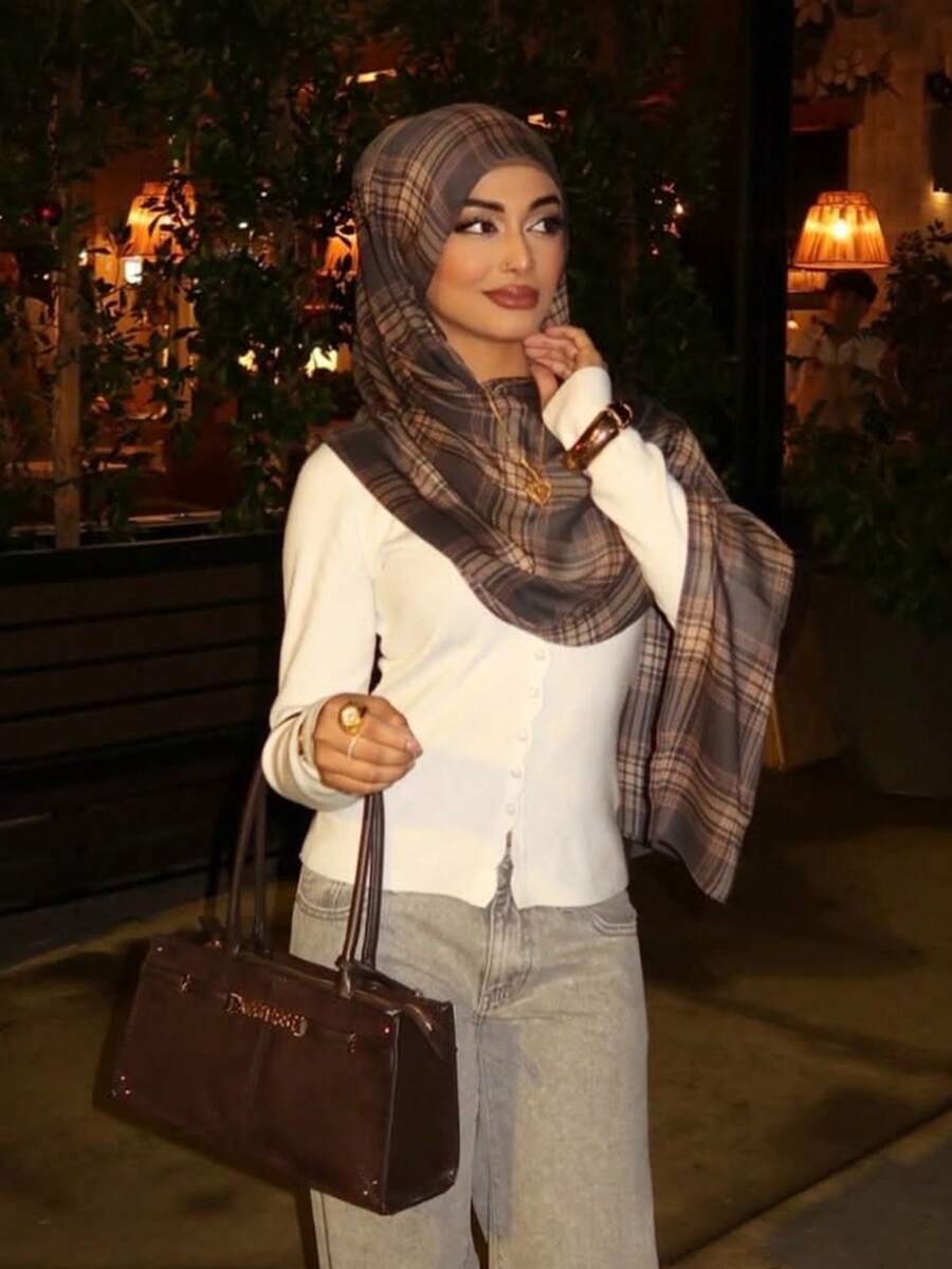 1 pieza Bufanda ligera y transpirable con estampado de ciervo y leopardo en estilo bohemio para mujer, adecuada para combinar con abayas en el día a día - enrejado - Ver 1