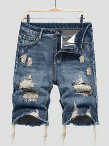 2-Pack Men's Street Style Ripped Casual Frayed Hem Comfortable Denim Shorts - 黑色+藍色 - 查看 7