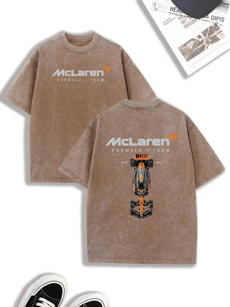 2026 Summer ClothesMen's Casual Racing F1 Team T-Shirt |   Unique Racing Print Design |   Comfortable And Soft Pure Cotton Fabric |   Washable |   Suitable For Everyday Wear, Door Activities, Sports, Holidays And PartiesLoose And Comfortablesummer Tops - 棕色 - 查看 1