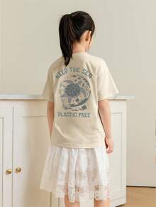 女童海龟图案“保护海洋免受塑料污染”米色宽松沙滩夏季休闲短袖T恤 - 杏色 - 查看 2