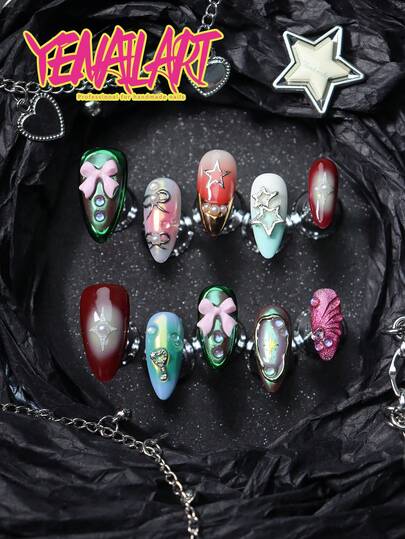 10片杏仁形人造指甲套装，渐变橙色、金属绿、蓝白、猫眼红、粉色，3D装饰，包含海洋、星星、蝴蝶结、钥匙、泡泡元素，朋克风美甲贴纸，适合派对、婚礼和日常佩戴，套装包含1个迷你指甲锉和1张贴纸。