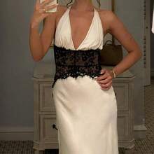 Vestido largo de mujer con cuello halter y panel de encaje transparente en la cintura, vestido elegante de unicolor para fiesta de verano - Albaricoque - Ver 5