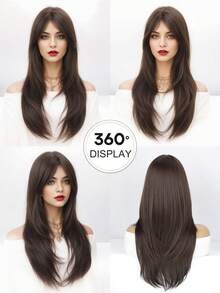 24英寸长层次直发合成纤维齐肩假发，带刘海，适合日常佩戴或参加派对。 - 棕色 - 查看 3