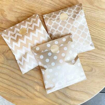 50pcs Brown & White Kraft Paper Bags, Wavy & Dotted Pattern Design - Fashionable & Durable Bags, Suitable For Weddings, Parties, Birthdays & Other Special Occasions To Package Gifts - Especially Suitable For Small Gifts, Candies & Decorative Packaging