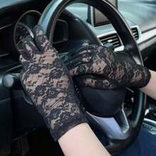 Elegant Printed Lace Trim Mid Length Gloves, Thin Breathable Summer Formal Gloves, Sun Protection Arm Sleeves For Bride Wedding Vacation Daily Driving - 22cm Black - View 8