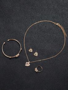 6件套女士礼品套装：方形罗马数字表盘石英表+心形水钻首饰套装（套装不含手表） - 金色 - 查看 6