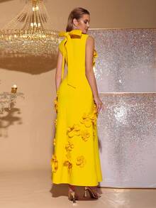 MODPHY 新款优雅 3D 立体花卉装饰修身高领无袖蝴蝶结缎带连衣裙，适合婚礼宾客、伴娘、节日派对、正式晚礼服 - 黃色 - 查看 5