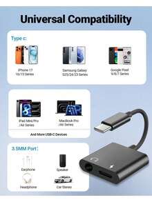 Fast Charging USB-C To 3.5mm Headphone Jack And Charger Adapter Seulliya 2-In-1 Audio And Fast Charging Splitter Compatible With Apple 17/16/15/Pro/Pro Max Pixel And Other Devices 1pc Spring Easter Gift - Black - View 4
