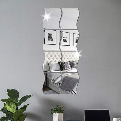 4/6/8/10 قطعة ملصقات حائط مرآة ثلاثية الأبعاد على شكل موجة من الأكريليك، ديكور المنزل للغرفة المعيشة وغرفة النوم والممر