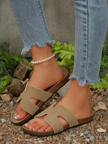 新款时尚别致平底凉鞋，女士踝带休闲鞋，适合日常街头穿搭 - 卡其色 - 查看 5