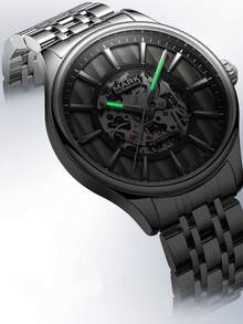 1 pieza Reloj automático mecánico de esqueleto para hombre, correa de acero inoxidable, resistente al agua 30M, reloj de vestir casual de negocios con cristal mineral FW-6022 - Unitalla - Ver 7