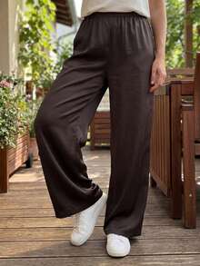 Pantalones para Mujer Marrón Sólidos, Cintura Elástica y Pierna Ancha Larga, Elegantes para Uso Casual y Fin de Semana en Verano - Marrón oscuro - Ver 10