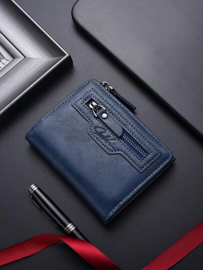 SHABILI New Vertical Zipper & Snap Button Men's Wallet, Short Bifold Coin Purse With Multiple Card Slots
