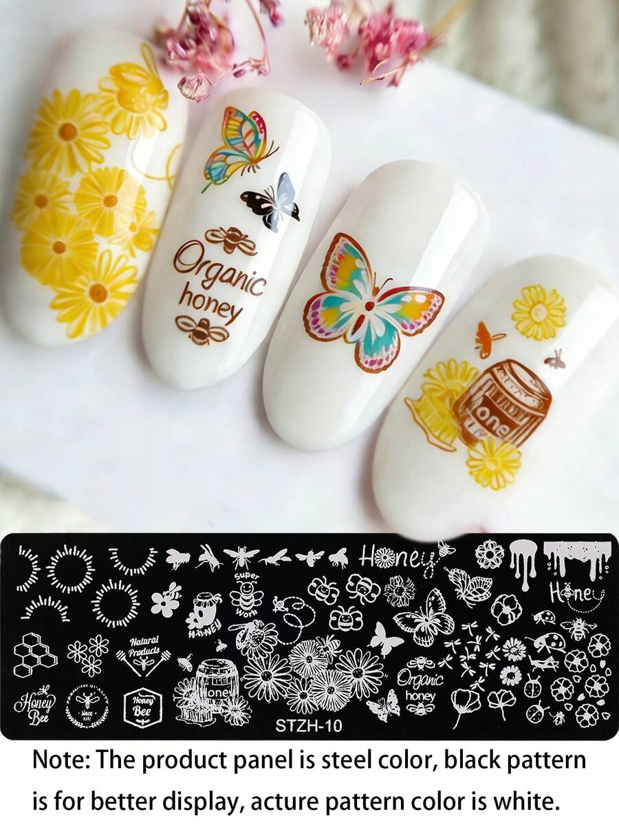 1pc Butterfly Bee Nail Art Stamping Plate, Spring Summer Daisy Honey Ladybug Pattern Design Y2K Style Printing Template Nail Art Accessory Tool, DIY Manicure Salon, Nail Supply - Silver - View 1