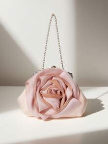 玫瑰花手拿包 | 3D缎面晚宴手提包 | 金属链条单肩/斜挎包 | 让你成为派对焦点 - 杏色 - 查看 1