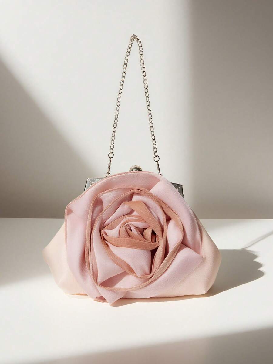 玫瑰花手拿包 | 3D缎面晚宴手提包 | 金属链条单肩/斜挎包 | 让你成为派对焦点 - 杏色 - 查看 1