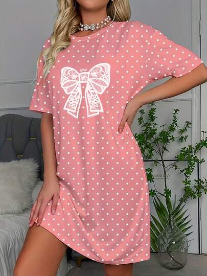 Women's Casual Polka Dot Print Bow Decor Nightgown, Short Sleeve Round Neck T-Shirt Nightgown - Soft & Comfortable Knit Sleepwear For All Seasons