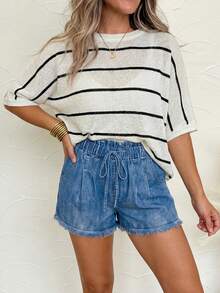 Women's Contrast Stripe Batwing Sleeve Casual Knit Top - Multicolor - View 4