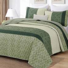 3 Pieces Green Queen King Size Quilt Set, Striped Plaid Bedspread Coverlet Set, Boho Summer Bedding Set Soft Microfiber Bedding Set With 2 Pillow Shams, Suitable For Wedding Items, Valentines Day Home Bed Room Decor, Mothers Day Gift, All Season - 綠色02 - 查看 4
