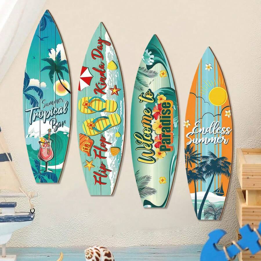 1/4件装沙滩冲浪板装饰品 夏威夷木质沙滩墙饰 提基热带酒吧装饰 冲浪板墙挂标牌 家居礼物 阿罗哈生日派对 夏季 - 多色 - 查看 1
