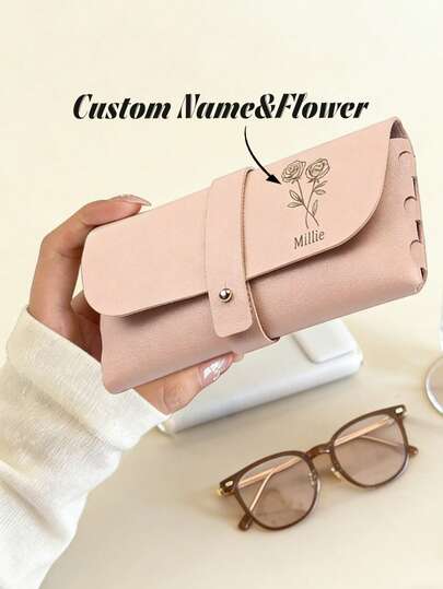 1pc Classic Fashion Personalized Eyeglass Case, Customizable With Name And Birthday Flower, Mother's Day Gift, Elegant Minimalist Design, Portable Fashion Glasses/Glasses Case, Suitable For Travel And Storage, Prevent Loss, School Supplies