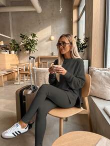 Women's 2 Piece Loungewear Set - Soft Ribbed Oversized Sweatshirt & High Waist Leggings-Ultra Soft Pajama Set For Women  - Casual Tracksuit For Airport Outfit & Lounging-Cozy Matching Outfit For Travel Yoga Home - 黑色 - 查看 7