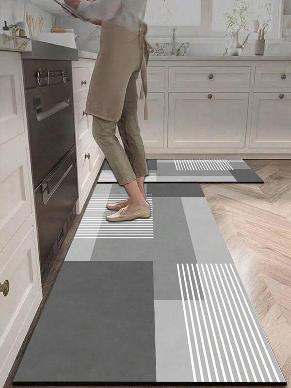 1pc Diatomaceous Earth Geometric Patchwork Kitchen Mat, Gray Base With White Vertical Stripes Minimalist Style, 3.5mm Thickened Trimmable, Absorbent & Non-Slip, Suitable For Kitchen, Bathroom, Entryway, Garden, Hallway, Indoor