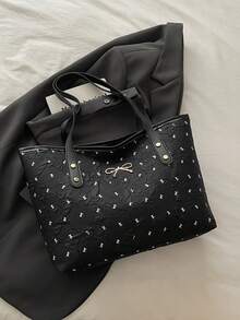Tas Tote Kasual Kapasitas Besar Motif Berlian Warna Solid dengan Pita, Model Baru 2025, Tas Tangan Fashion Minimalis - Hitam - View 5