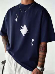 男士极简扑克牌印花短袖T恤，舒适透气，适合夏季穿着，引领时尚潮流 - 藏蓝色 - 查看 2