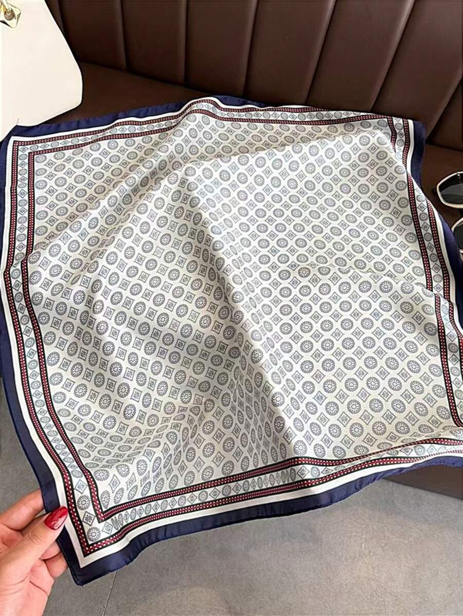 1pc 70*70cm Square Silk Scarf, Women's Satin Printed Headscarf, Neckerchief, Headband, Fashion Ladies Shawl, Scarf - Black and Gray - View 1