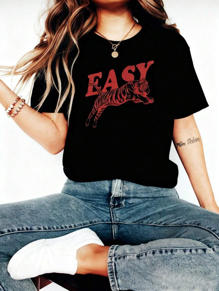 Vintage Retro Tiger T-Shirt, Vintage Distressed Tiger Shirt, Oversized Retro Tiger Tee, Grunge Indie Boho Shirt, Graphic Tee Valentine Outfits For Women New Years Outfit Women - 黑色4 - 查看 1
