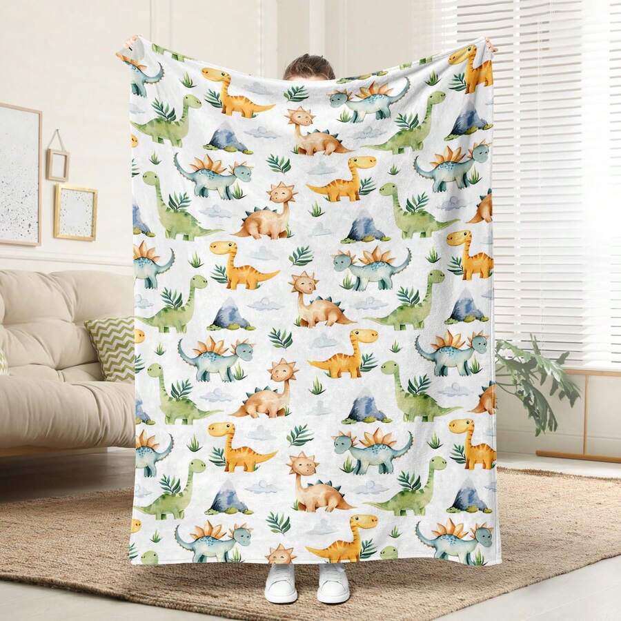 1 pieza Manta de franela cómoda con estampado de dinosaurio en acuarela, diseño de tejido de poliéster suave, uso versátil, lavable a máquina, ropa de cama, una manta de felpa, regalo ideal para el hogar, viajes, exteriores, cálida y acogedora, adecuada para todas las estaciones, perfecta para sofá, cama, oficina o viaje, manta para la temporada de bodas - Multicolor - Ver 1