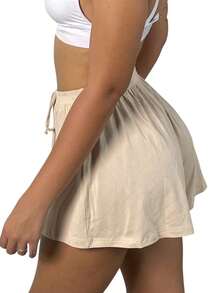 Women's Loose Fit High-Waisted Shorts - New Viscose/Lycra Knit - Brisa - Light Beige - View 1