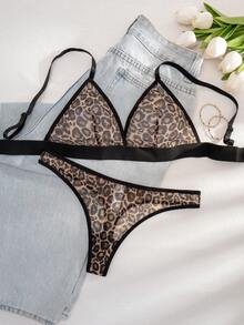 一套女士豹纹无钢圈三角杯舒适内衣套装 - 彩色 - 查看 1