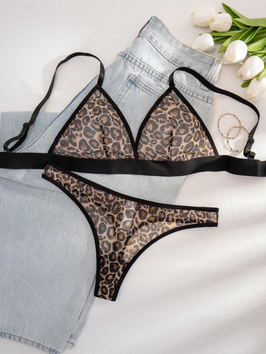 一套女士豹纹无钢圈三角杯舒适内衣套装 - 彩色 - 查看 1