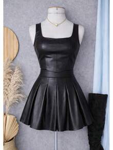 Women's PU Leather Cropped Top + High-Waisted Full Skirt Set, Fashionable For Bloggers, Parties, Casual, Elegant, PU Leather, Pleated, Zipper, Evening, Formal And Nighttime, Dating, Vacation, Autumn, Winter - 黑色 - 查看 6